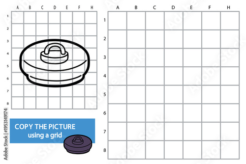 Copy the picture using a grid worksheet with stopper illustration. Educational drawing activity for kids to practise or practice proportions and observation skills, printable art exercise.