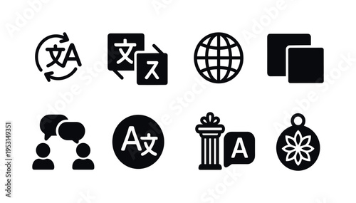 Collection of translation and communication icons representing language services and global connection