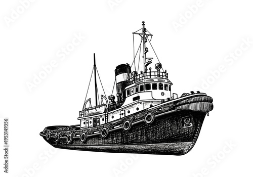 Detailed black and white illustration of a classic tugboat sailing on the water