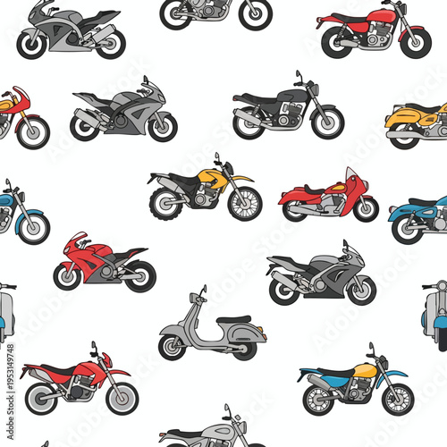 A collection of colorful cartoon motorcycles and scooters arranged in a repeating pattern