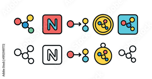 Set of icons representing molecular structures and data sharing concepts