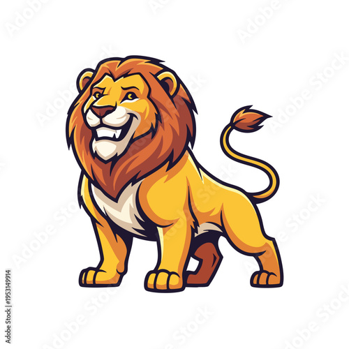 A stylized, cartoonish lion with a fluffy mane and a broad, toothy grin