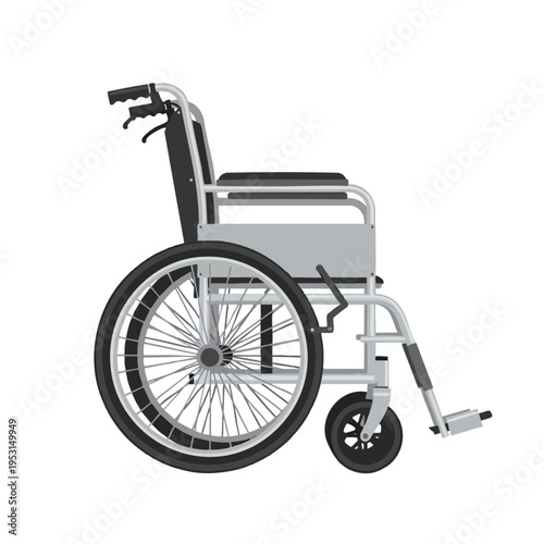 A gray and black wheelchair with large spoked rear wheels and small front wheels