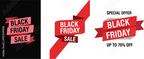 Black Friday sale banner collection with red ribbons and discount labels special offer typography vector illustration set for shopping promotion marketing campaign design