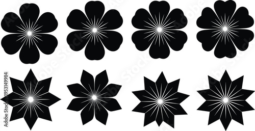 Black floral silhouette set with decorative flower shapes isolated vector collection for ornament, pattern design, logo elements, and botanical decoration