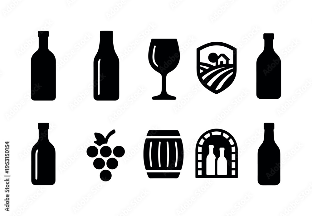 Fototapeta premium Collection of wine and vineyard related icons in silhouette style