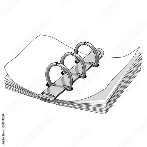Open three-ring binder with stack of white papers