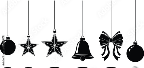 Christmas hanging ornaments silhouette set with stars bell ribbon bow and balls festive decoration vector illustration for holiday greeting cards and winter design