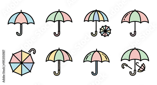 Multicolored cartoon umbrellas in various positions.