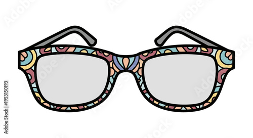 Colorful patterned eyeglasses with black frames.