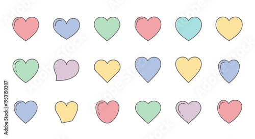 Colorful hearts in various pastel shades.