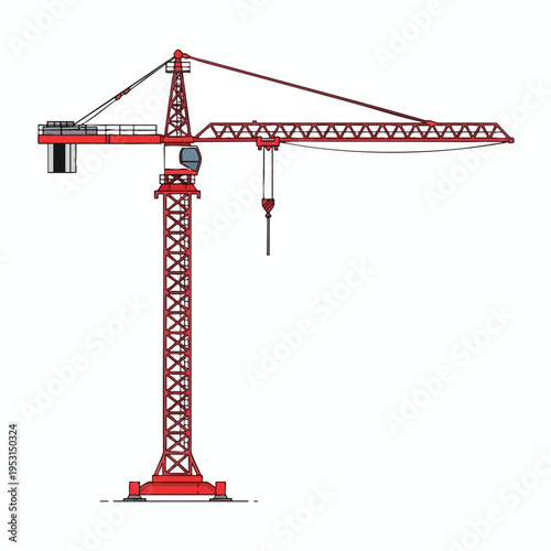 Red construction crane with boom, jib, hook, and counterweight