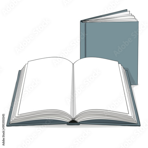Open and closed blue books with blank pages, on a white background