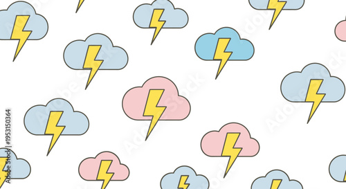 Colorful cartoon clouds with lightning bolts.