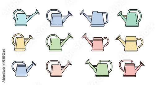 Colorful watering cans in various hues.
