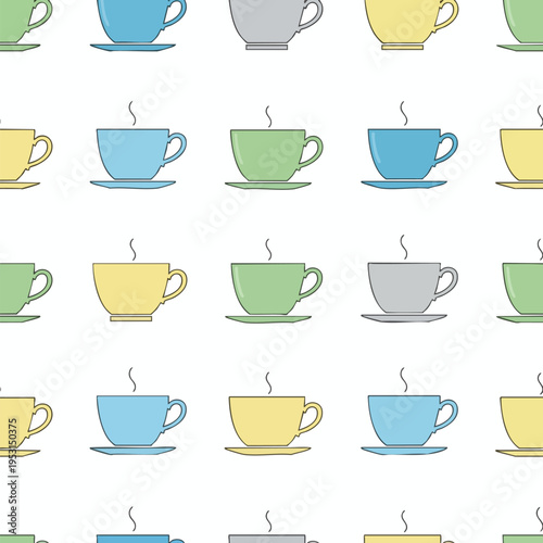 Repeating pattern of simple, colorful teacups and saucers with steam wisps