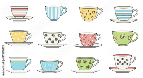 Colorful Tea Cups on Saucers.