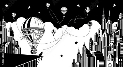 Hot air balloon cityscape illustration.