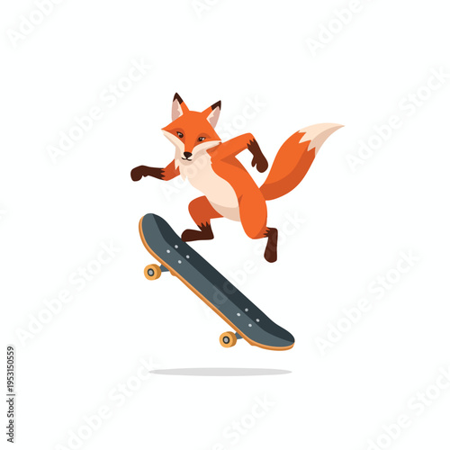 A stylized fox in mid-air performing a skateboarding trick on a white background