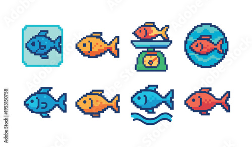 Collection of pixel art fish icons in various aquatic and weighing scenarios