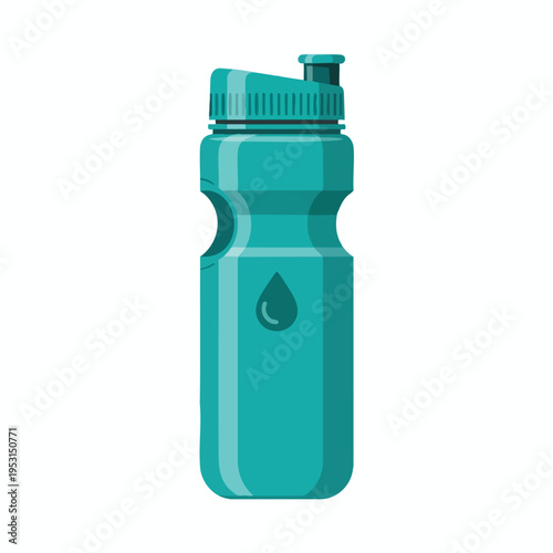 Teal plastic bottle with cap, grip indentations, and a drop icon