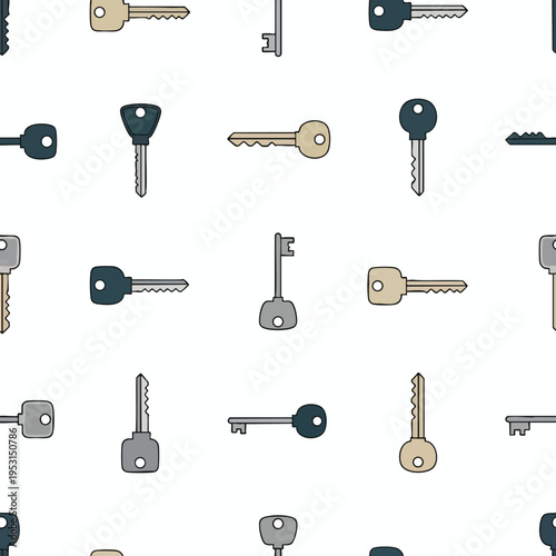 Repeating pattern of flat vector keys in various colors and styles