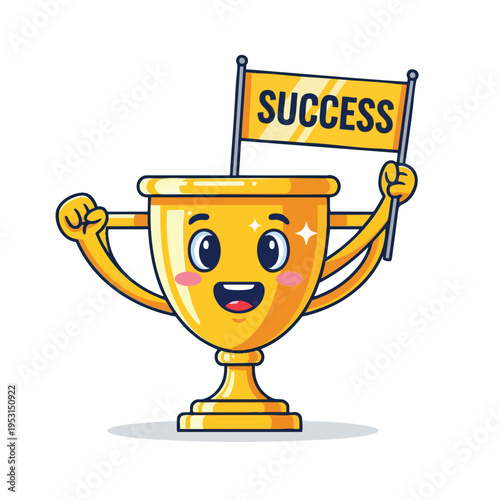 A cheerful golden trophy character hoists a flag with the word "SUCCESS.