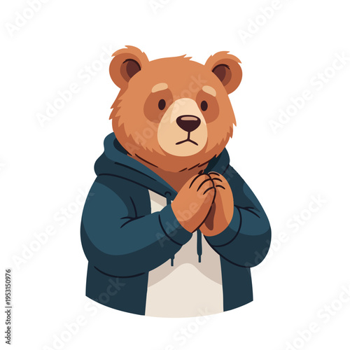 A sad bear in a blue hoodie holds its paws together in prayer or pleading
