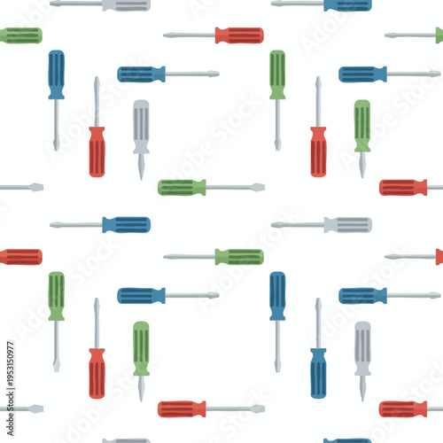 A random pattern of colorful screwdrivers on a white background