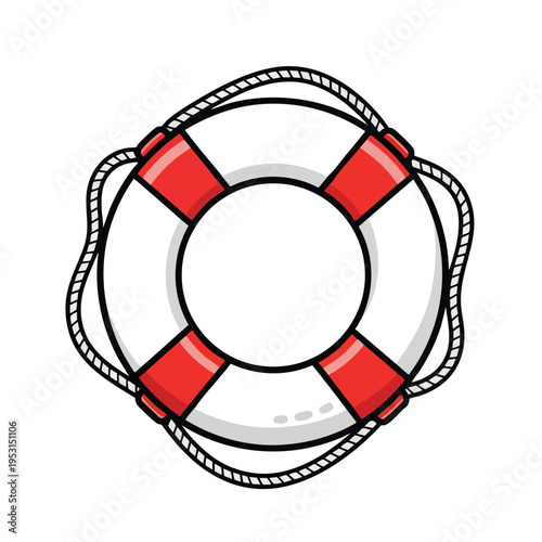 Red and white lifebuoy with thick rope on white background
