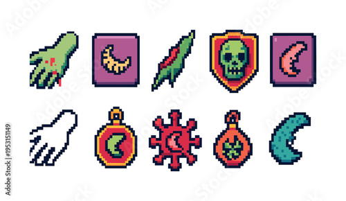 Pixel art icons featuring spooky and monstrous elements for game design
