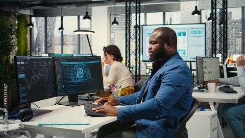 Canvas Print Black engineer uses artificial intelligence systems for automation and data mining, employing neural networks for innovation and digitalization