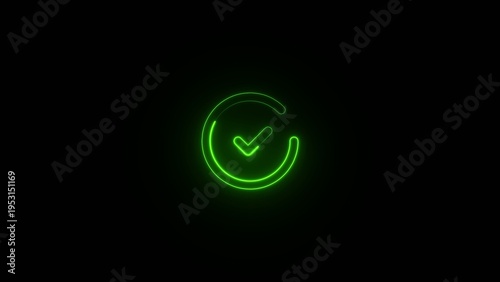 Green neon glowing checkmark with circular outline on dark Generate title without using the word 