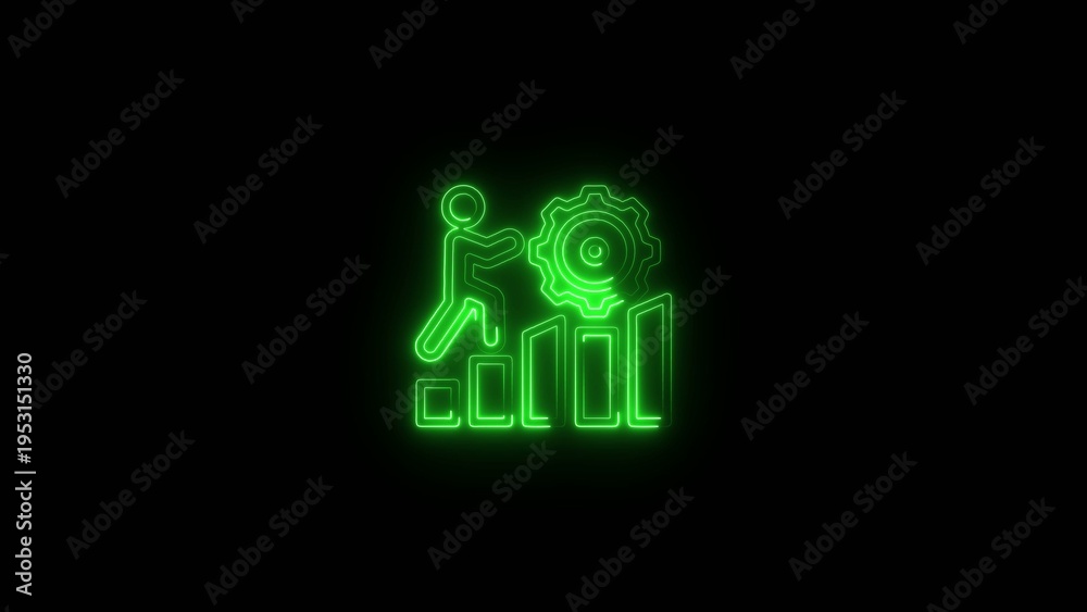 Fototapeta premium Green neon glowing of a person climbing stairs with a gear indicating progress and achievement Generate title without using the word 