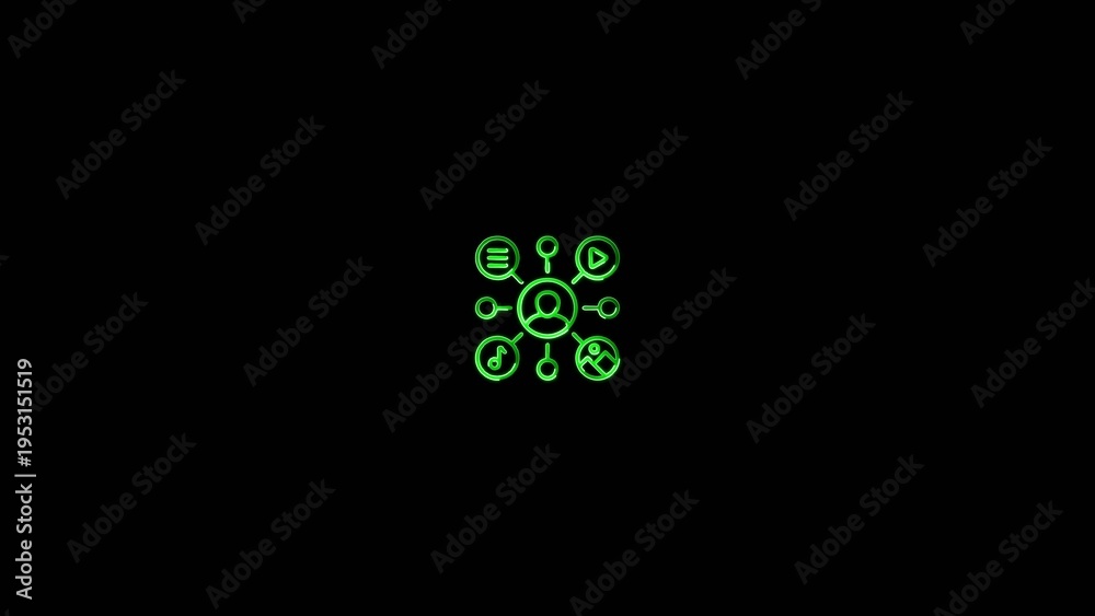 Obraz premium Green neon network diagram with six interconnected circular on a dark Generate title without using the word 