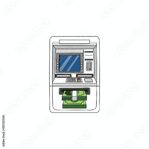 An automated teller machine dispenses stacks of cash, with screen and keypad visible