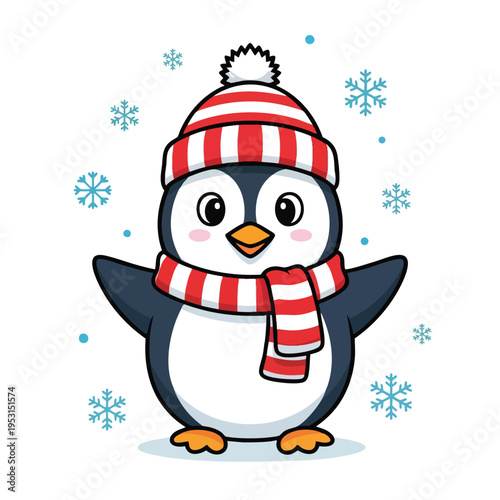 Cute cartoon penguin wearing a striped hat and scarf in a snow flurry