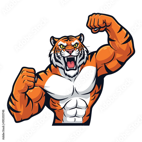 Muscular anthropomorphic tiger with open mouth roaring, flexing arms