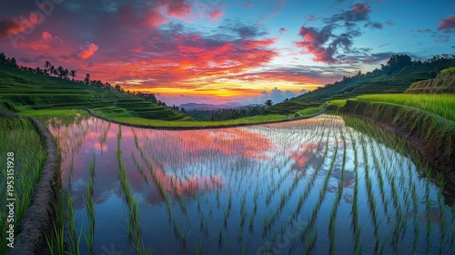 Vibrant Sunset Reflecting On Lush Rice Terraces