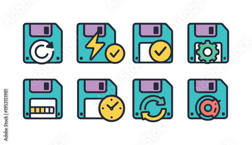 Set of eight floppy disk icons with different functions and symbols for digital data management