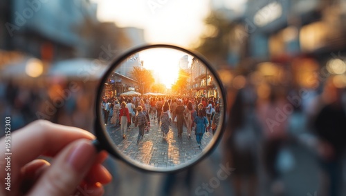 Crowd viewed through magnifying glass, sunlit street, warm sunset glow