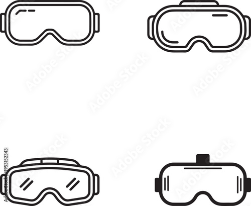A set of simple line icons depicting various virtual reality goggles and immersive digital eyewear devices