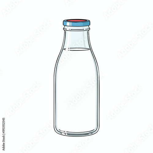 A clear glass bottle with a blue and red cap, filled with white liquid