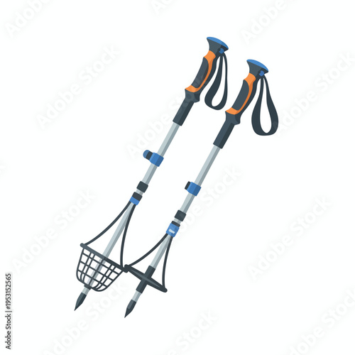 Pair of adjustable walking sticks with grips, straps, and baskets