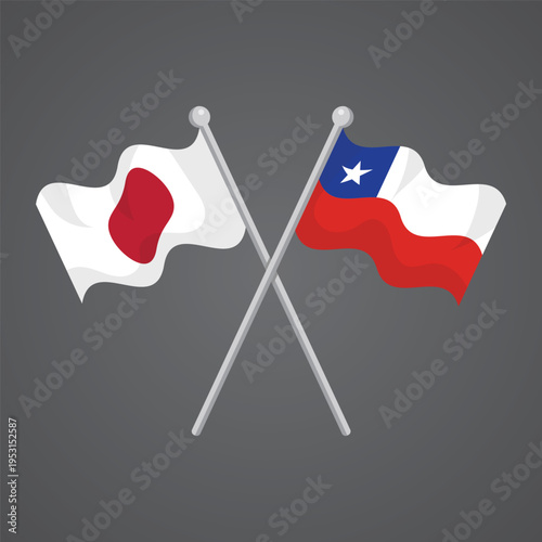 Crossed Japan and Chile flags on silver poles representing transpacific diplomatic friendship and international cooperation