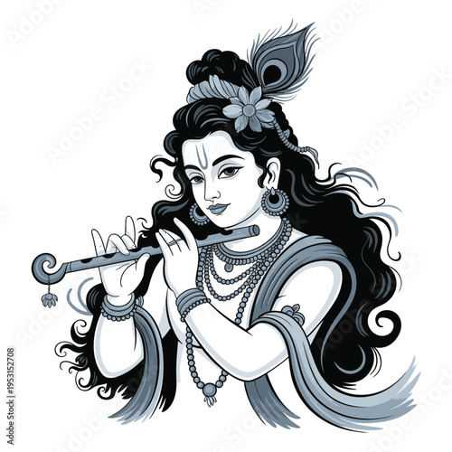 Artistic illustration of Lord Krishna playing flute, detailed mythological character vector design for spiritual, cultural and religious themes