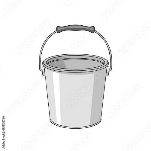 Simple gray metal bucket with a curved black handle and wire bail