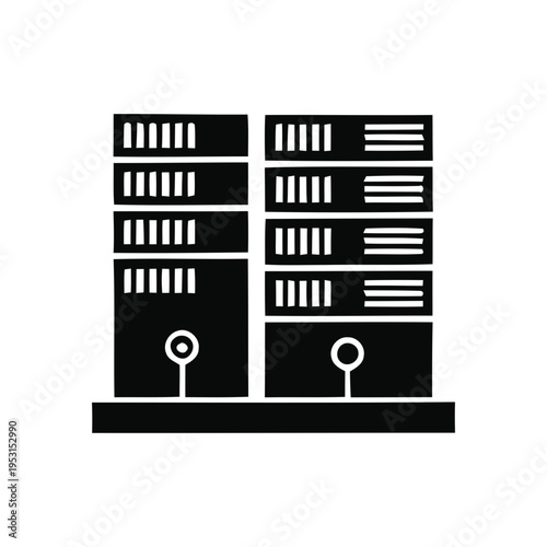 Computer server racks with stacked data storage units, representing digital information processing and network infrastructure