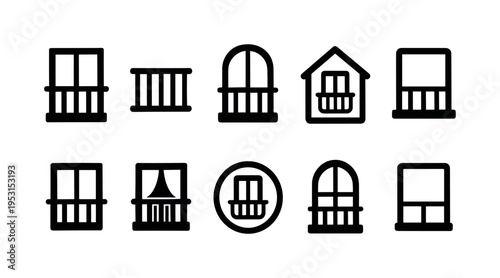 Collection of diverse window and balcony icons in a simple, modern line art style