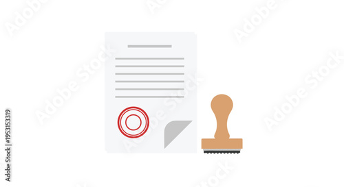 A white document with text and a red stamp is placed beside a wooden rubber stamp on a plain white background in a flat illustration.
